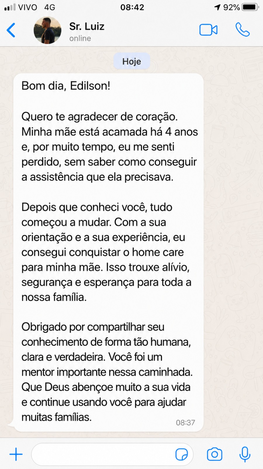 Print de depoimento real de cliente sobre A Jornada dos Cuidados