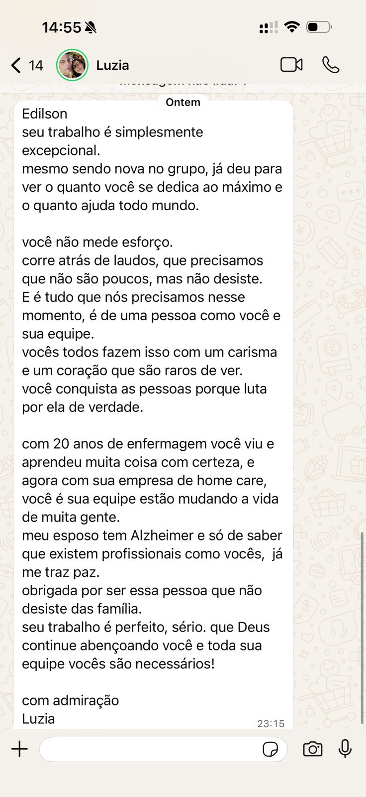 Terceiro print de depoimento real de cliente sobre A Jornada dos Cuidados